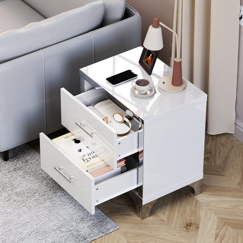 Table de chevet à miroir avec 2 tiroirs, table de bout moderne avec poignée en métal, table de chevet pour chambre à coucher, salon
