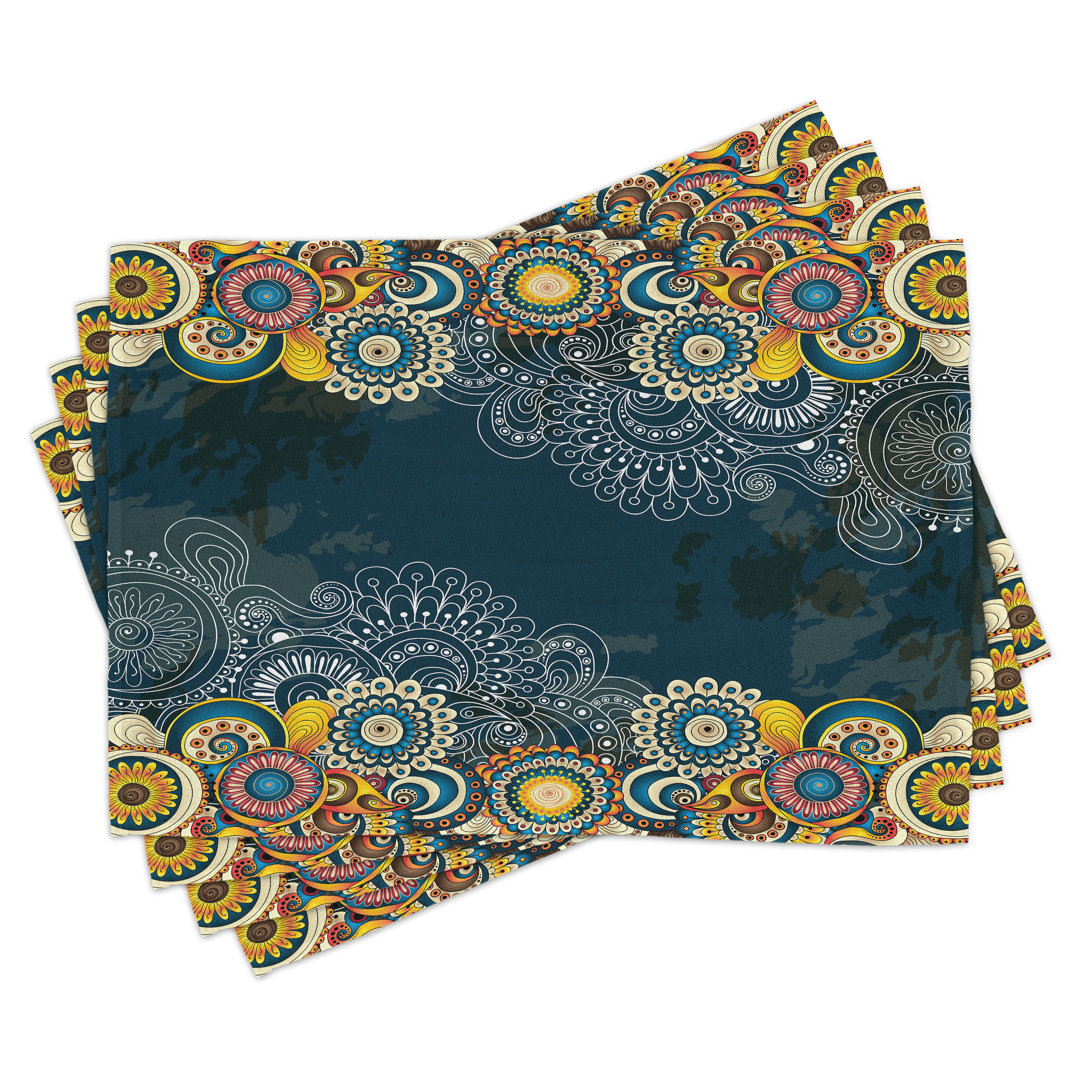 Platzdeckchen 4er Set, Mandala Paisley, Blau Gelb