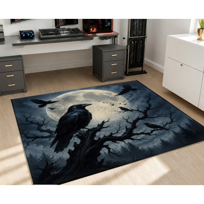 Tapis gothique à motif de corneille pleine lune, motif artistique fantaisie sombre, tapis antidérapant sur le thème de l'Halloween, décoration intérieure mystique pour le salon, la chambre à coucher, un appartement