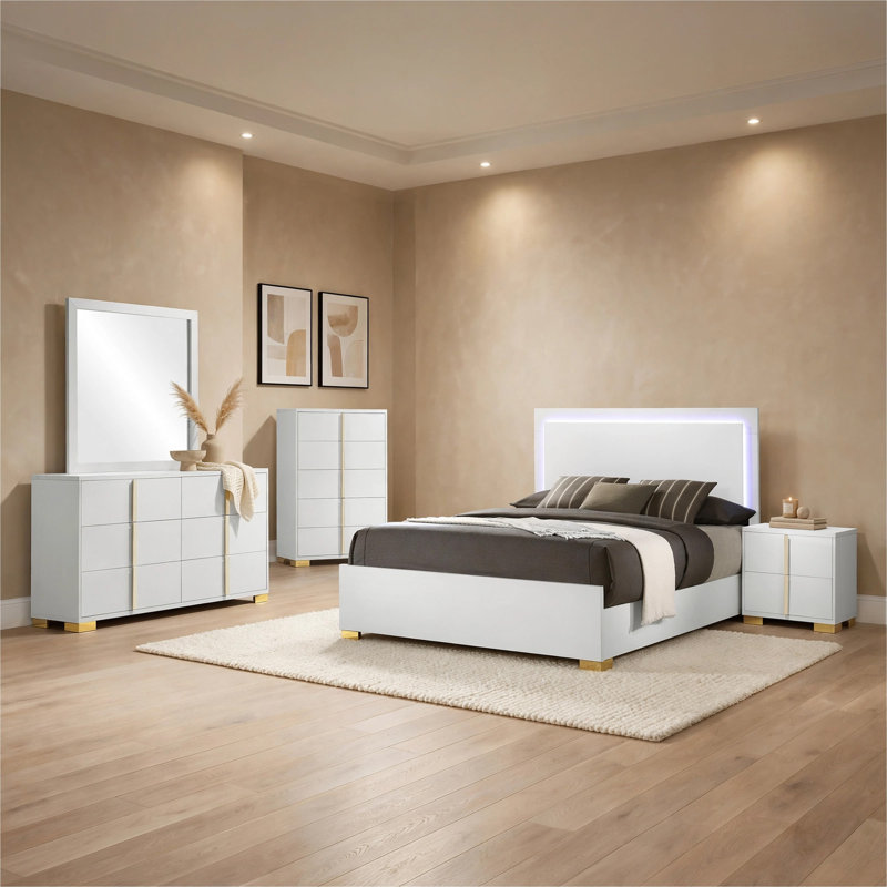 Ensemble de chambre avec grand lit 5 pièces Dex et tête de lit à DEL moderne, miroir, noir, Noir, Grand lit