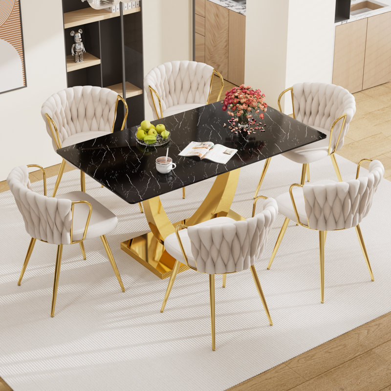 Ensemble de tables de salle à manger Elegant, Noir, 7 pièces : table, 6 chaises, Beige