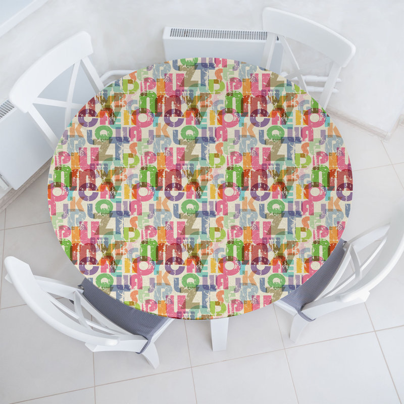 Winston Porter Alphabet Fitted Round Tablecloth Eggshell and Multicolor, 51.97" Round
