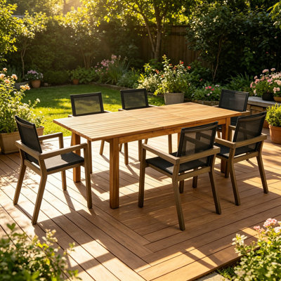 Ensemble 7 pièces de salle à manger d'extérieur en bois d'acacia, 6 grandes tables et 1 grande table, ensemble de mobilier de salle à manger pour pelouse, cour, terrasse de jardin, bord de piscine, teck et gris