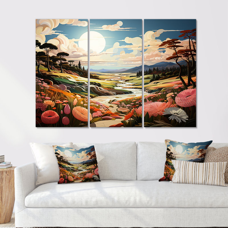 Cubic River Horizon Landscape - Ensemble de décoration murale forêt et rivière, H 28 po x l 36 po x P 1 po, Toile tendue