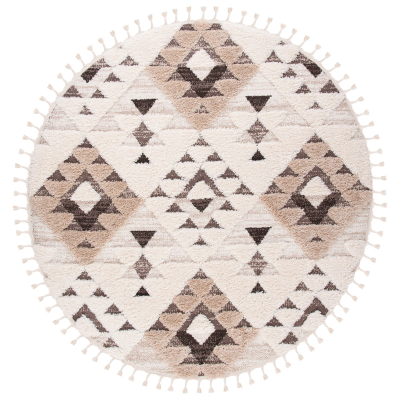 Tapis performance à poil long à pampilles à motif marocain, Rond 3 pi