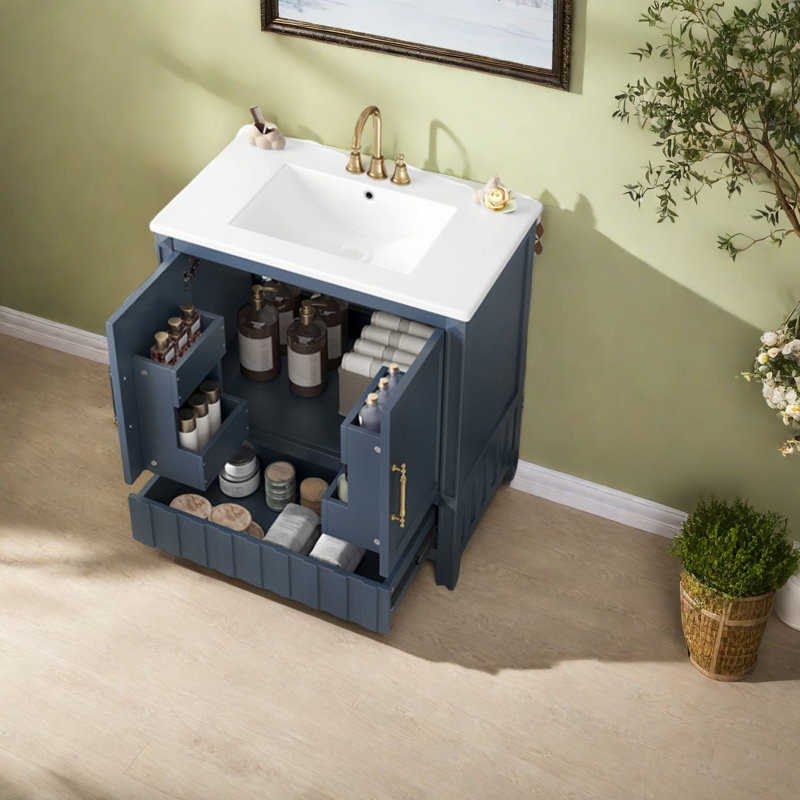 Meuble-lavabo bleu multifonctionnel avec lavabo, bois massif et bois aggloméré, parfait pour les salles de bain modernes