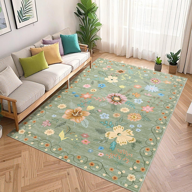 9x12 Area Rug Boho Floral Rugs, Large Area Rug Machine Washable Rugs Ultra-Thin Flower Carpet Non Slip Low Pile Carpet Rug for Living Room Bedroom Nursery, Green