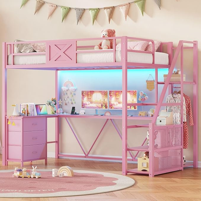 Loft Bed with Led Lights Metal Loft Bed Frame with L Shaped Desk and Wardrobe, White