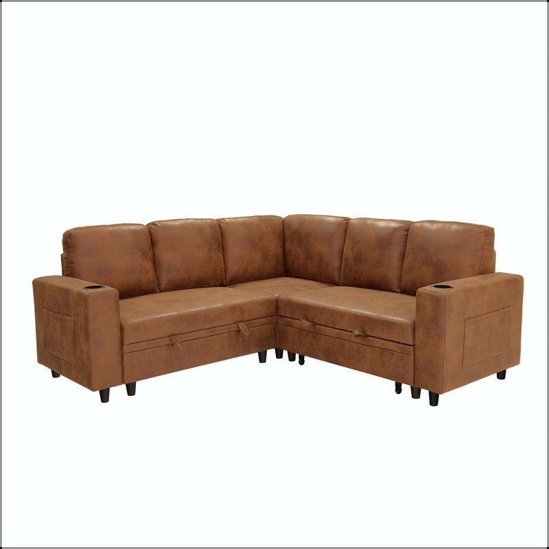 L-Shape Sectional Sofa Bed with Pull-Out Sleeper, Storage, and Cup Holders, Similicuir brun clair
