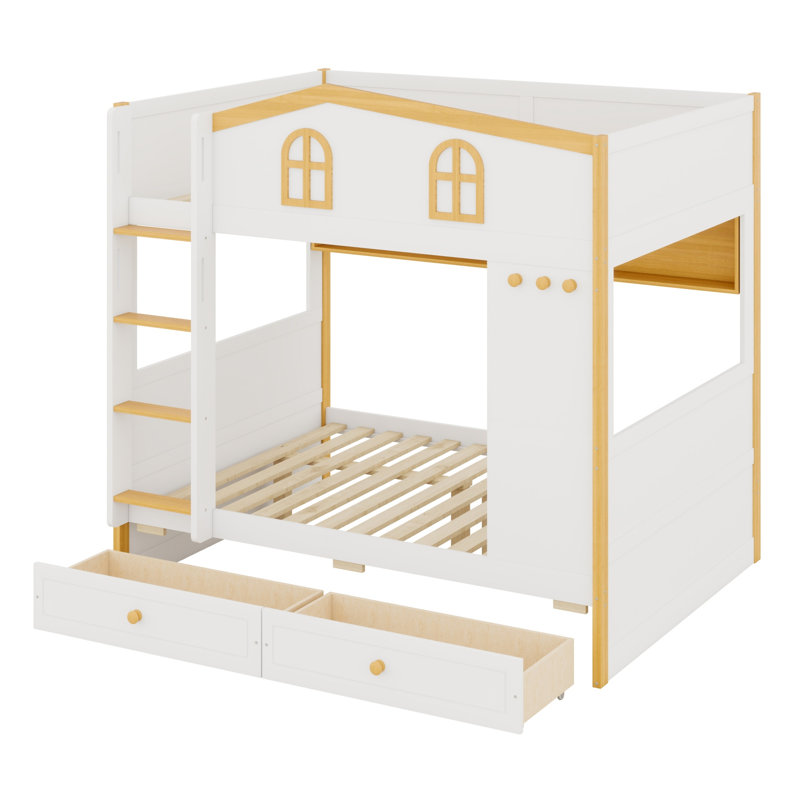 House Guardrail Bunk Bed Featuring Storage Shelves and Drawers, Full over Full