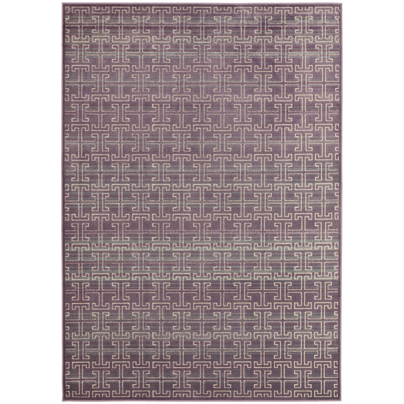 Ivory and Mauve Geometric Viscose Chenille Rug, 8' x 11'