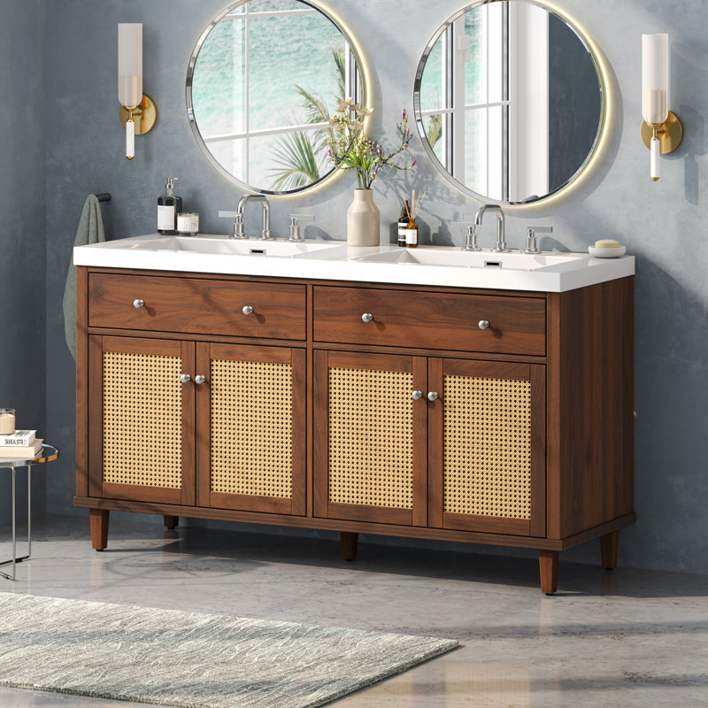 Bathroom Vanity with Double Sink ( SMC Sink ), Large Storage Space with 2 Tip-Out Trays / Flip-Out Drawers and 4 Soft Closing Doors