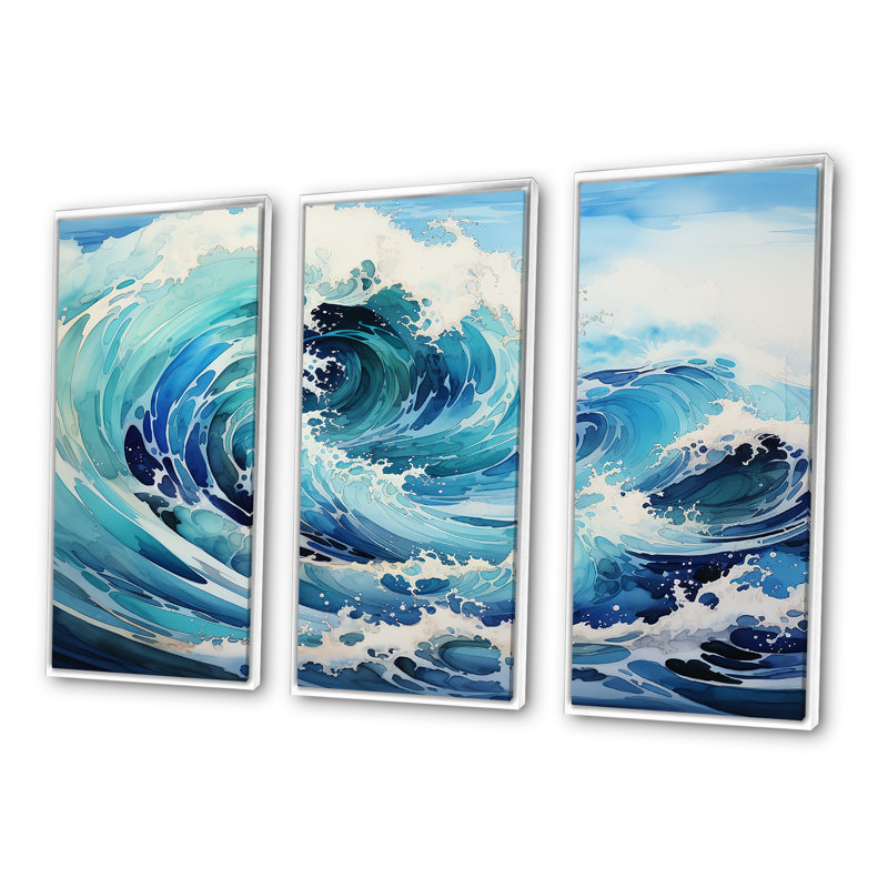 «Blue Wave Ocean Storm», ensemble d'art sur toile, Cadre flottant blanc, H 28 po x l 36 po x P 1 po