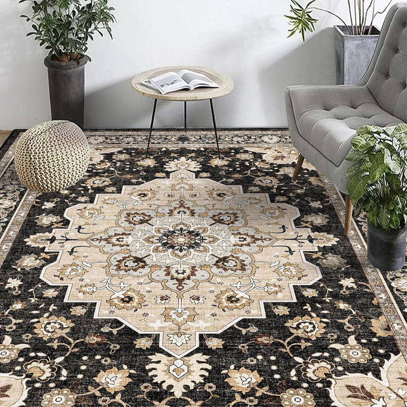 Washable Living Room Area Rug - Stain Resistant Medallion Soft Bedroom Rugs Distressed Design Non Shedding Carpet for Indoor Outdoor Floor Coverings (Black)