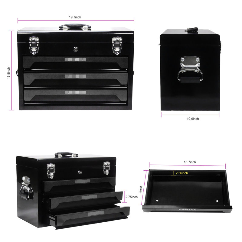 Boîte à outils portative en acier 20 po avec 3 tiroirs et outils, glissière à roulement de 15 kg, métal, rangement supérieur, poignée de transport, pour le garage / la maison / établi, ensemble de 3 coffres noirs, glissières, capacité, plateau, garage,