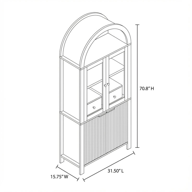 Grand garde-manger arqué cannelé avec tablettes réglables, rangement élégant avec tiroir caché et porte vitrée pour la cuisine, le salon, la salle à manger