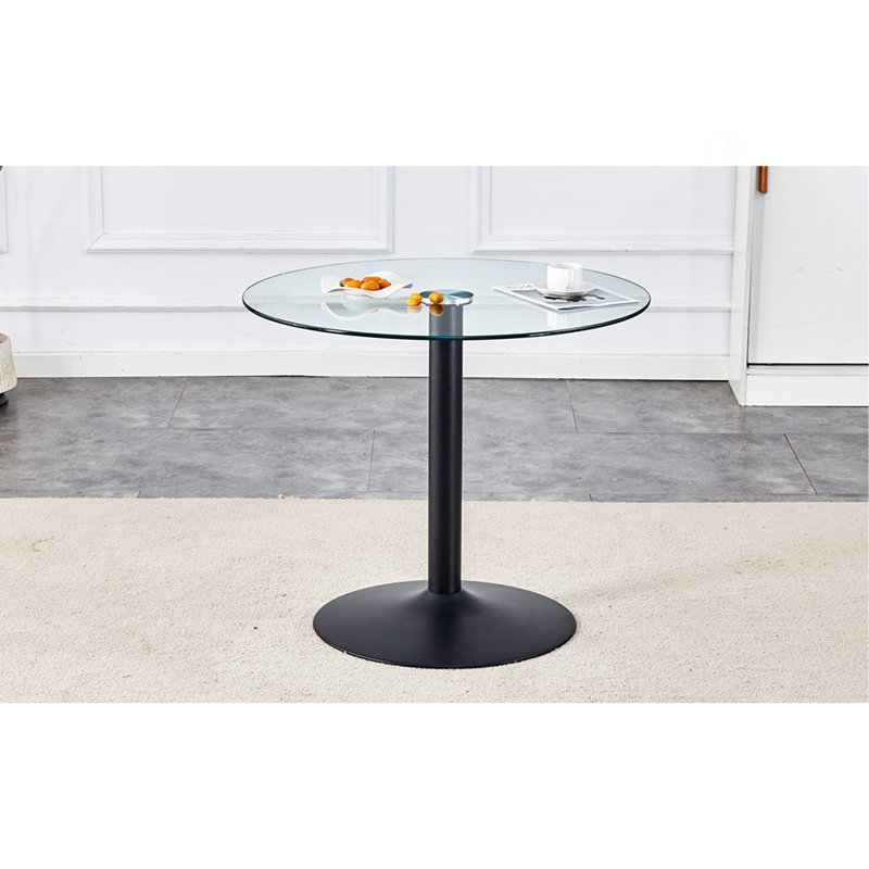 Glass Top And A Modern, Minimalist Round Dining Table With Metal Legs. Ideal For Dining Rooms, Living Rooms And Meeting Rooms.