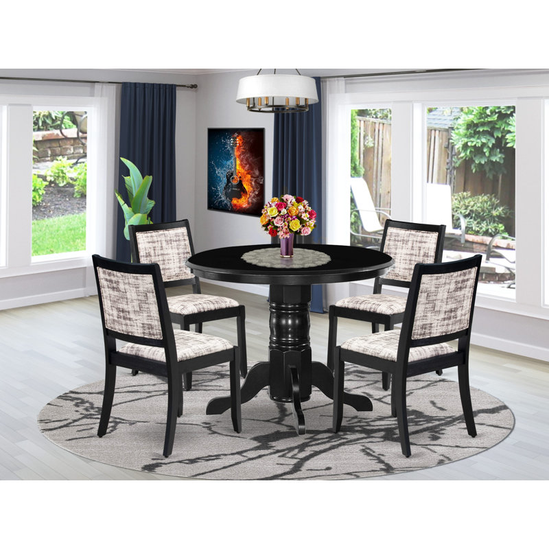 Ensemble de salle à manger 5 pièces comprenant une table de cuisine ronde avec plateau noir et 4 chaises empilables en tissu de polyester, noir