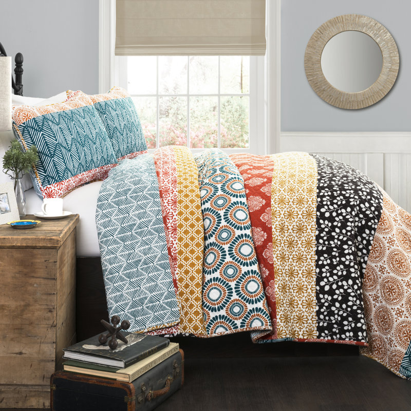 King Fuchsia and Orange Reversible Cotton Quilt Set