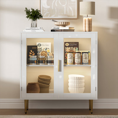 Buffet Cabinet With Led Lights, Sideboard Cabinet With 2 Doors Acrylic, 32" Modern Buffet Cabinet With Adjustable Shelf, Coffee Bar Cabinet For Living Room, Kitchen, White
