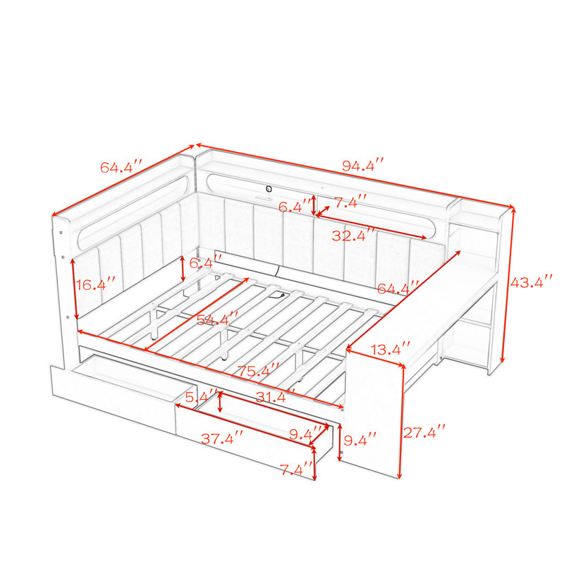 Full Daybed with Shelves,Drawers,LED Light and Desk, Whtie