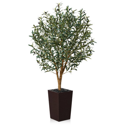 George Artificial Olive Tree with Decorative Pot, UV Resistant Faux Olive Tree with Natural Trunk