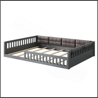 Lit plateforme tapissier en bois pleine grandeur avec garde-corps et coussin, gris