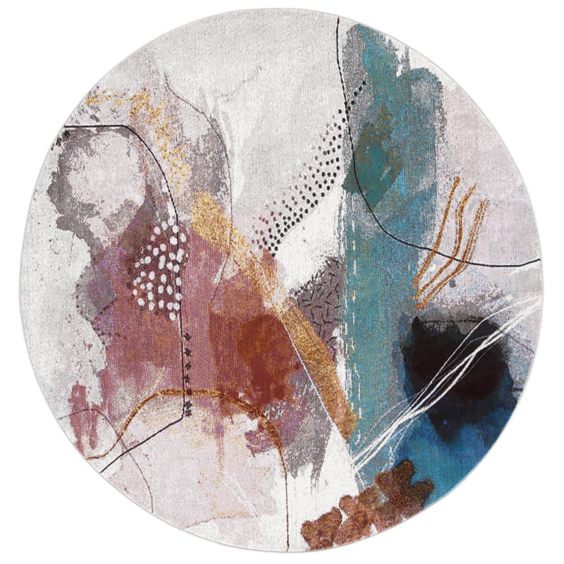 Papillon Abstract Gray/Blue/Pink Area Rug, Round 6'5"