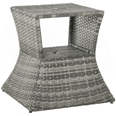 Rattan Wicker Side Table With Umbrella Hole, 2 Tier Storage Shelf For All Weather For Outdoor, Patio, Garden, Backyard, Mixed Grey