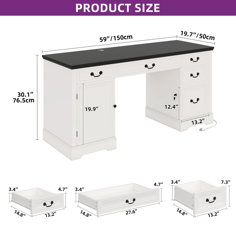 59'' W Rectangle Computer Desk With Storage Cabinet, Drawers & Keyboard Tray