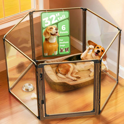 Parc d'intérieur pour chien en acrylique robuste avec cadre en métal, 32 pouces de hauteur, 6 panneaux pour petits et moyens chiens, noyer