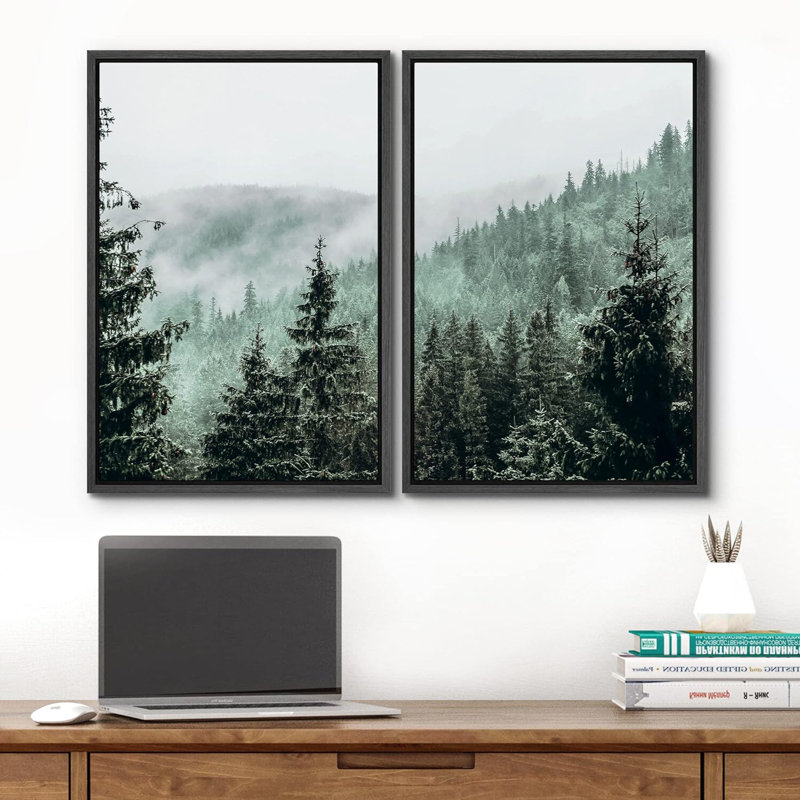 Vue aérienne de paysage de brume verte, forêt, paysage naturel, impression sur toile, 2 pièces, Cadre flottant noir