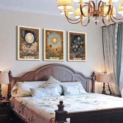 3Pcs Tarot Canvas Wall Art Boho Flower Mystical Astrology Painting Vintage Sun And Moon Celestial Botanical Posters Print For Bedroom Living Room Meditation Space Decorations Direct Suspension 16X24 Inch