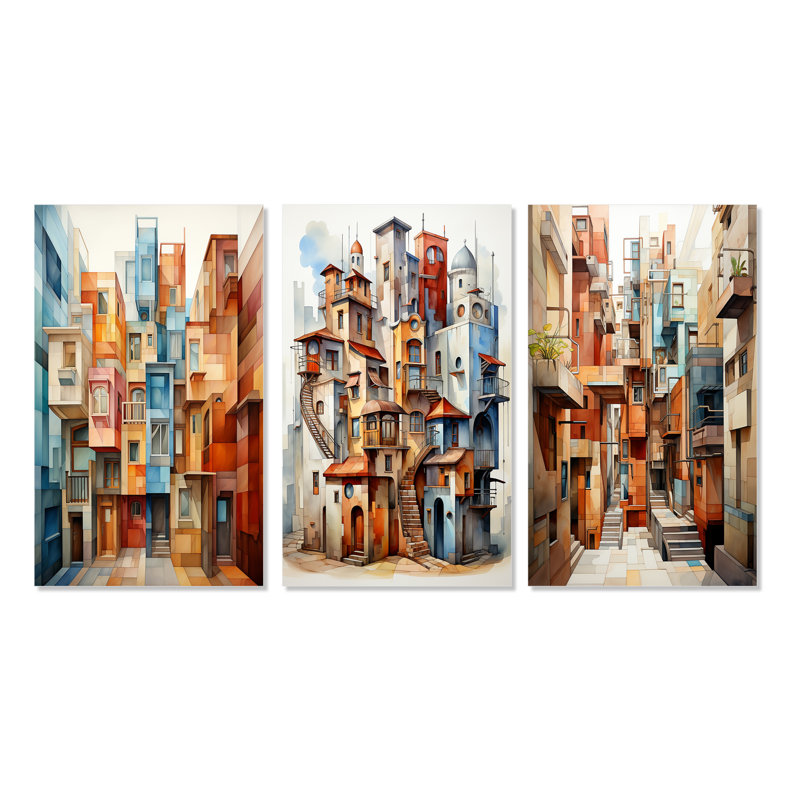 «Cubism Art Multidimensional», 3 pièces sur toile, Toile tendue, H 40 po x l 60 po