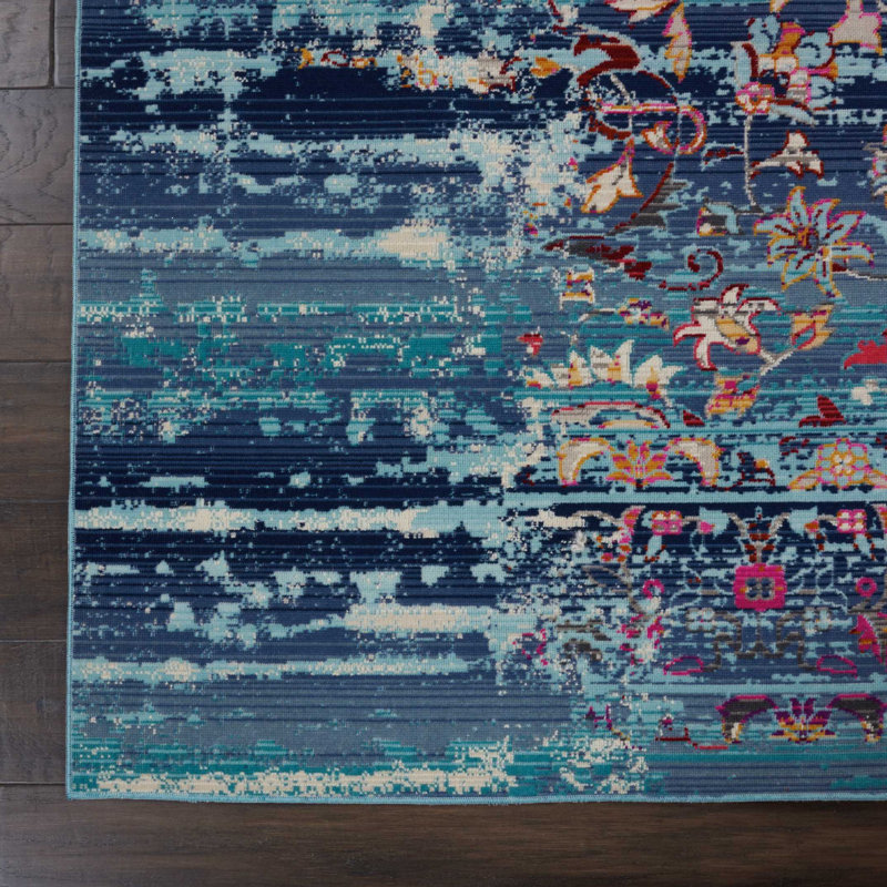 Tapis bleu traditionnel Karey, Rectangle 8 pi 10 po x 11 pi 10 po
