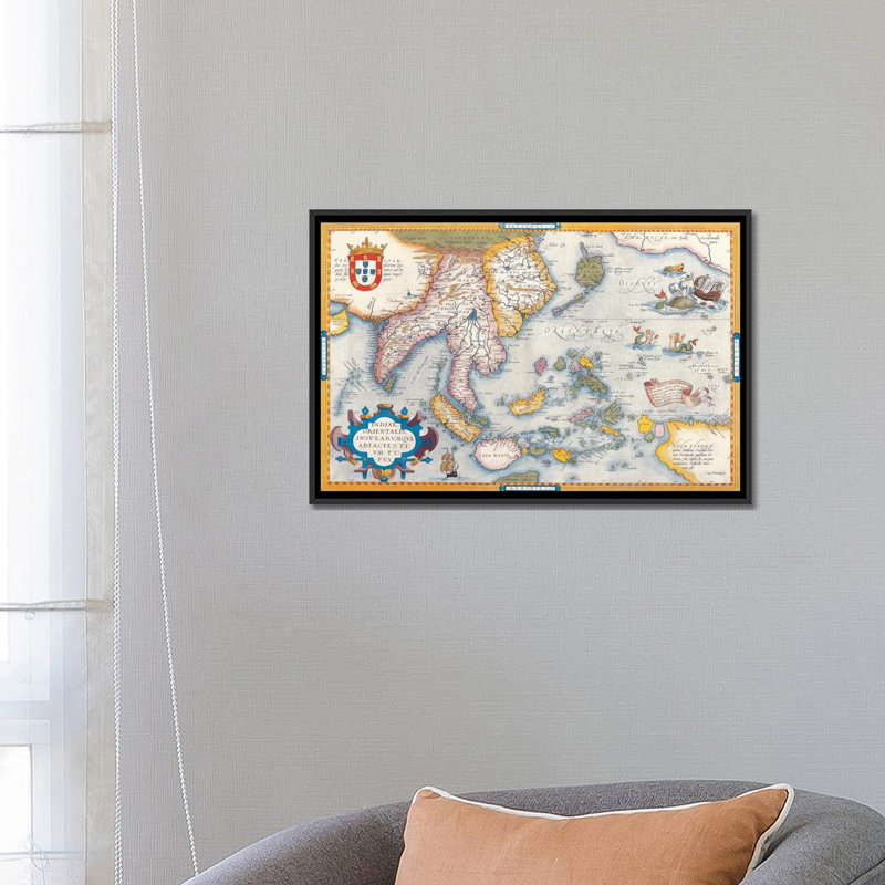 Antique Map East Asia, impression sur toile, H 18 po x l 26 po x P 1,5 po, Toile encadrée noire, Pas de tapis