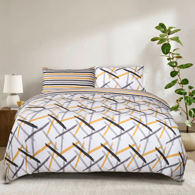 Dual Pattern Reversible Duvet Cover Set – Ultra Soft Brushed Microfiber Bedding with Matching Pillowcases, Ochre Stripe