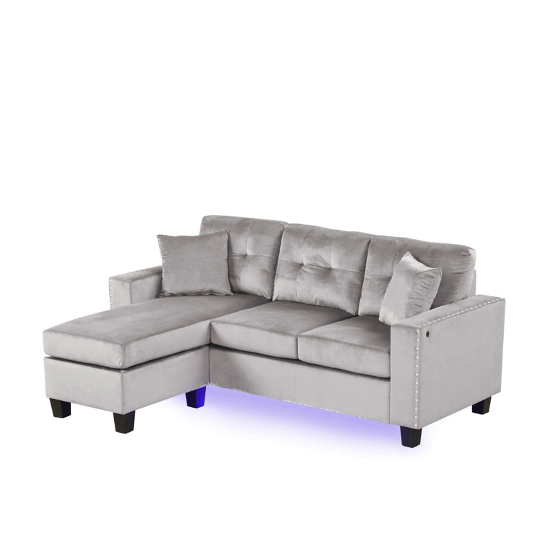Sorrento 74"W Reversible Sectional Sofa Chaise With Led Light, Usb Port, Nailhead Trim, Throw Pillows, Tufted Cushion