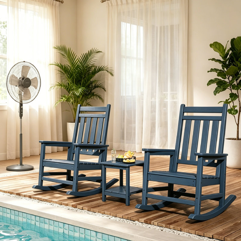 2 Pack HDPE Adirondack Rocking Chair With Tea Table, Patio Rocker Chair with High Back All Weather Rocker, Ergonomic Patio Rocking Chairs for Outside Porch Rocker Garden Lawn.