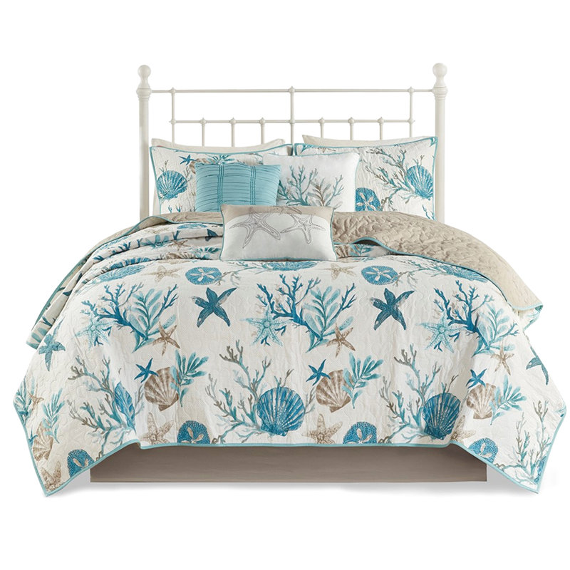 Cotton Quilt - King/ King 6 Piece Printed With Shells, Starfish, Corals Pattern Appeal