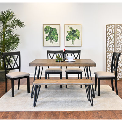 6 tables de salle à manger avec table en épingle à cheveux attrayante, 4 chaises et banc