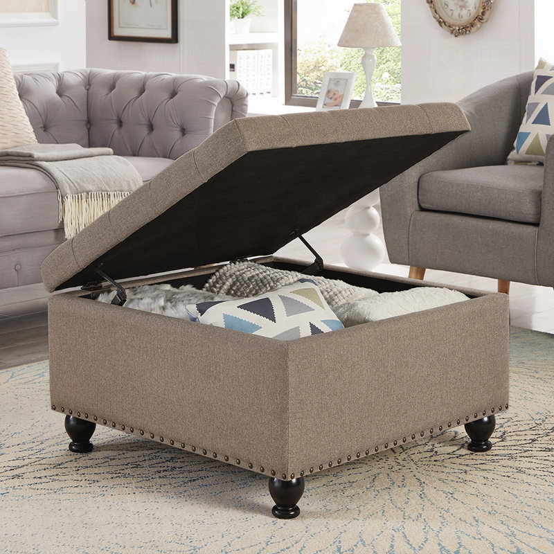 Large Square Storage Ottoman with Wooden Legs, Button Tufted Coffee Table with Nail Trims, Multi-Functional and Durable Design