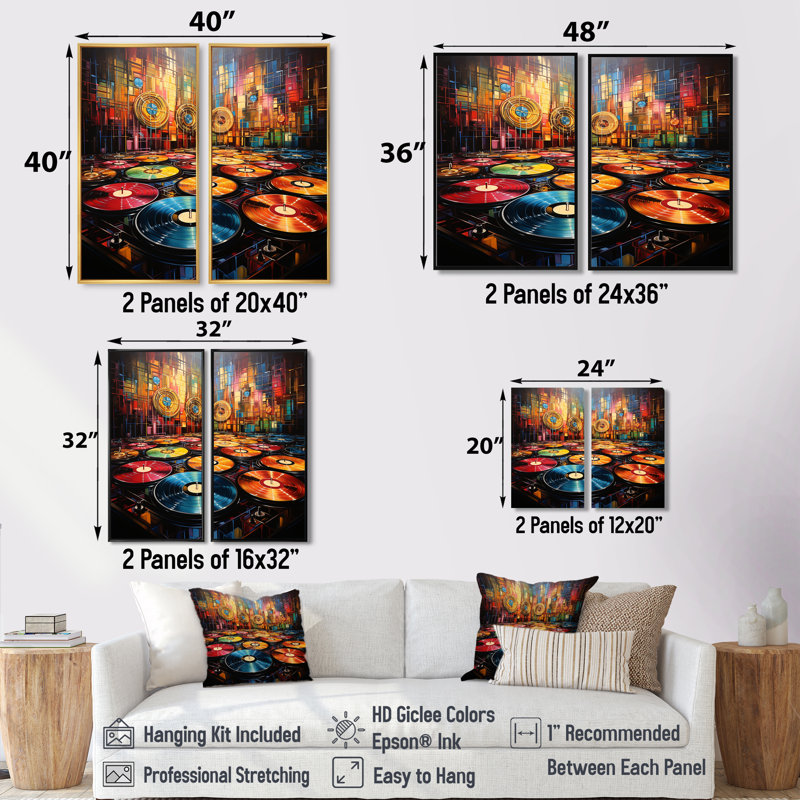 Vinyle Disque Rythme Résonance II - Décoration murale moderne 2 panneaux, Black, 36" H x 48" W, Impression encadrée flottante