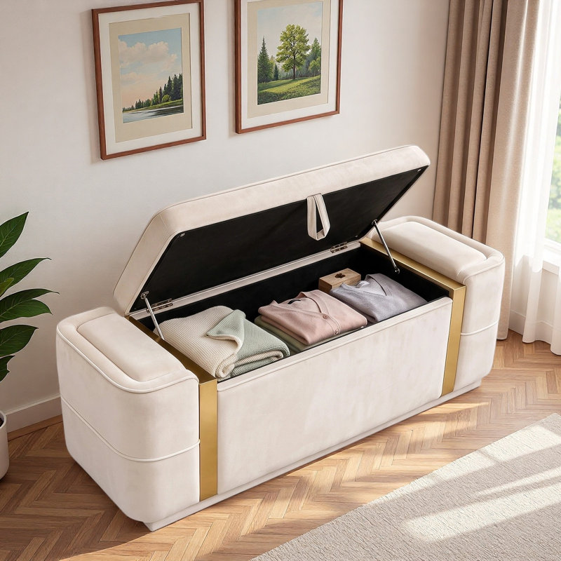 Banc ottoman moderne rembourré avec compartiment de rangement dissimulé, couvercle rabattable et bandes décoratives en métal doré