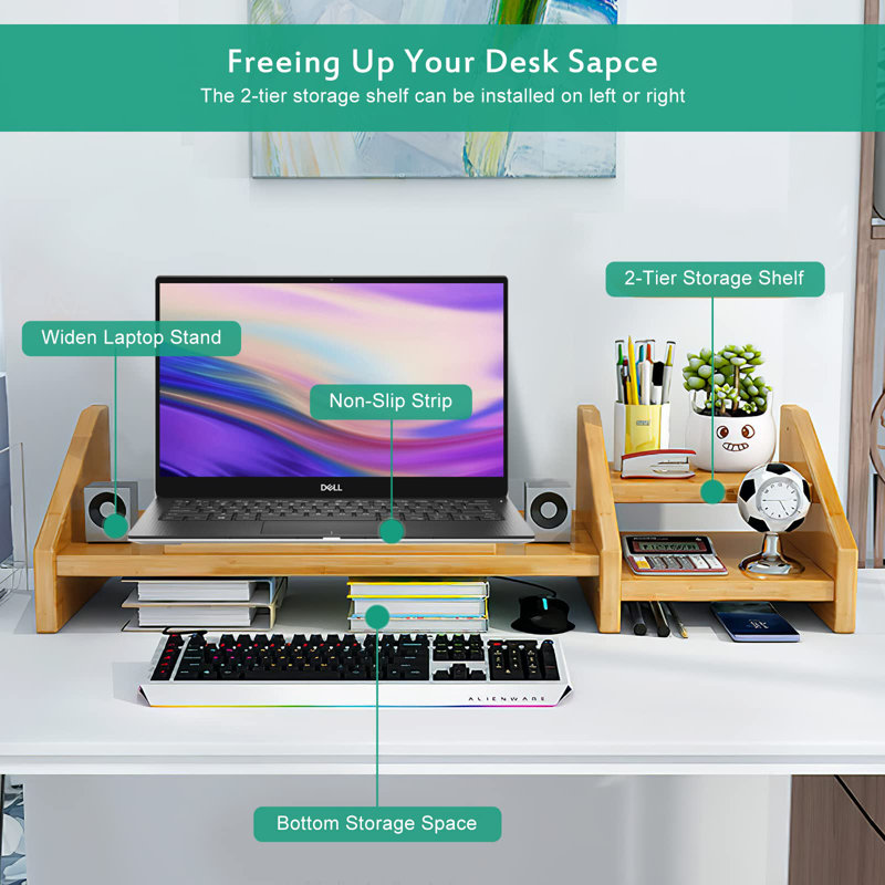 Bamboo Laptop Stand For Desk 3 Heights Adjustable Notebook Stand Computer Monitor Riser With 2 Tier Storage Shelf, Desktop Organizer Printer Stand For Home Office