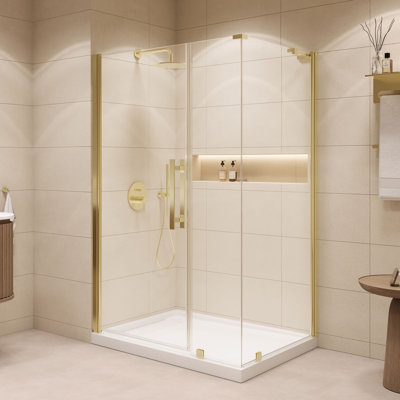 OVE Decors Pasadena 48 In. W X 36 In. D X 74 3/4 In. H Corner Frameless Pivot Shower Door Kit In Brushed Gold With Base Pan