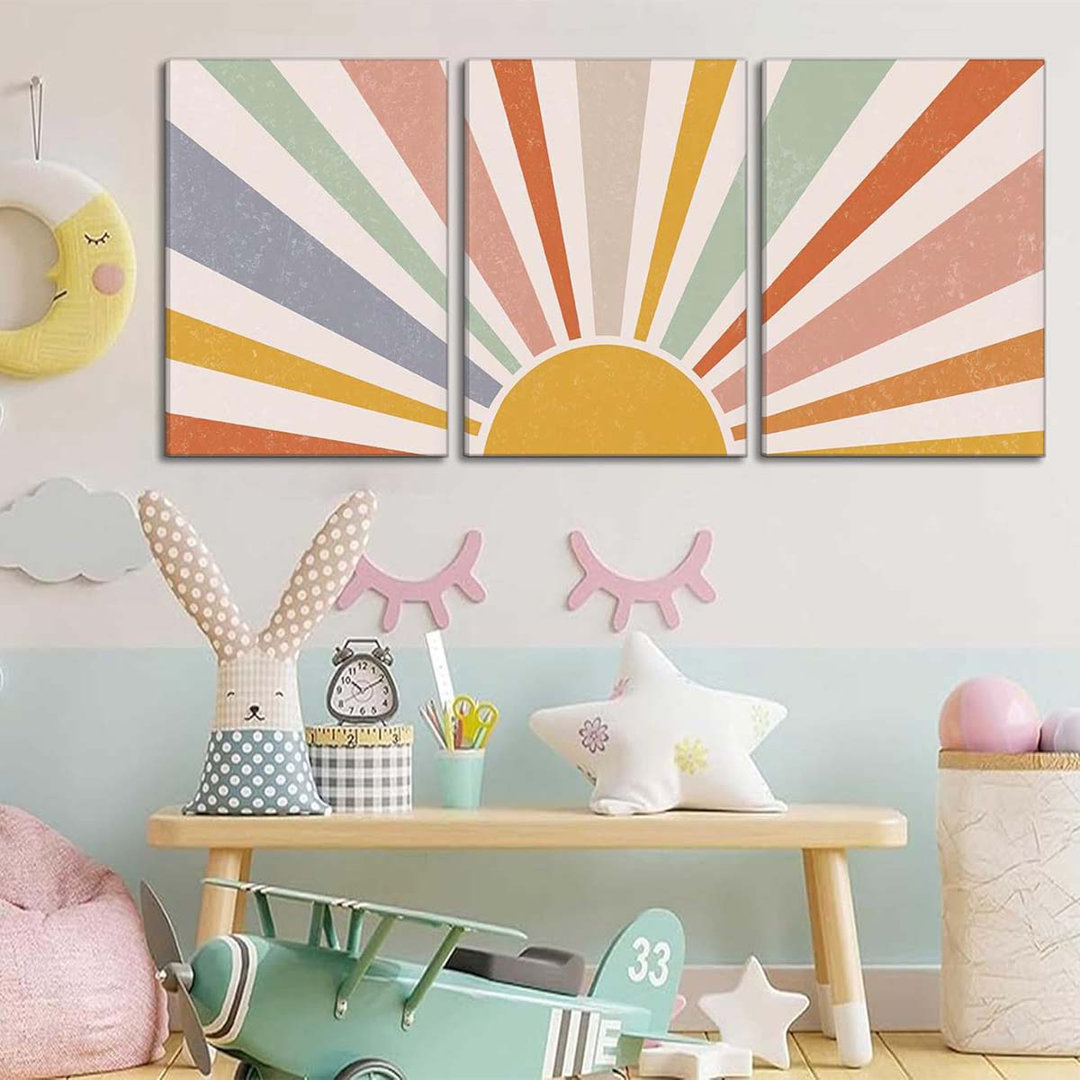 60*40,3 Pieces Nursery Boho Canvas Wall Art Rainbow Sun Rising On The Horizon Geometric Nature.