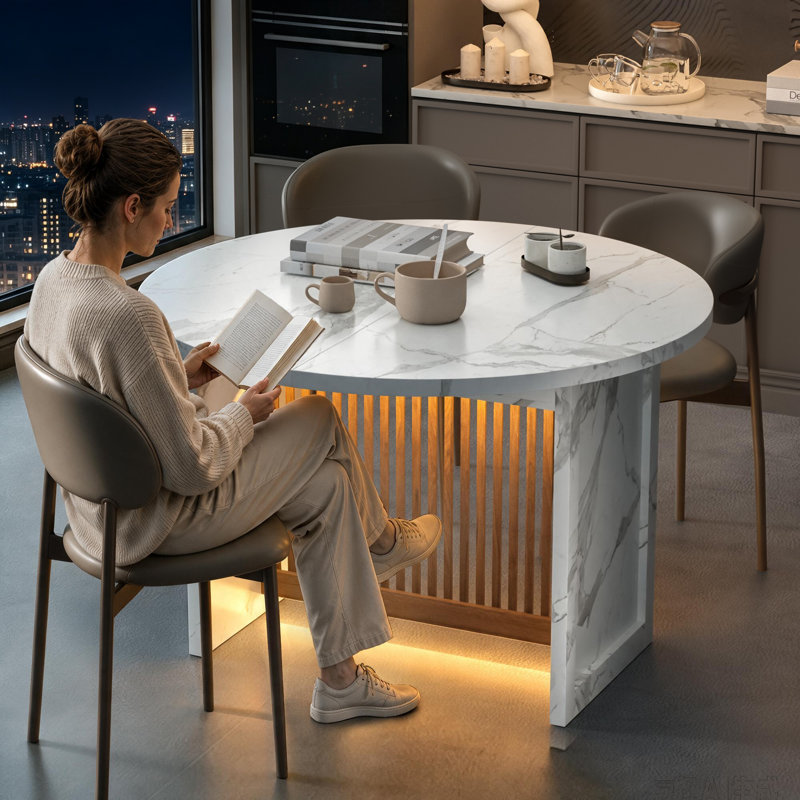 Table de salle à manger extensible de 47 à 63 po à motif de marbre blanc avec lumières RVB multicolores et espace de rangement