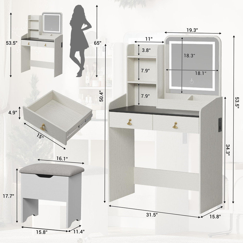 Meuble-lavabo à DEL avec prises de courant, ensemble de coiffeuse compacte avec 2 tiroirs et rangement pour repose-pieds
