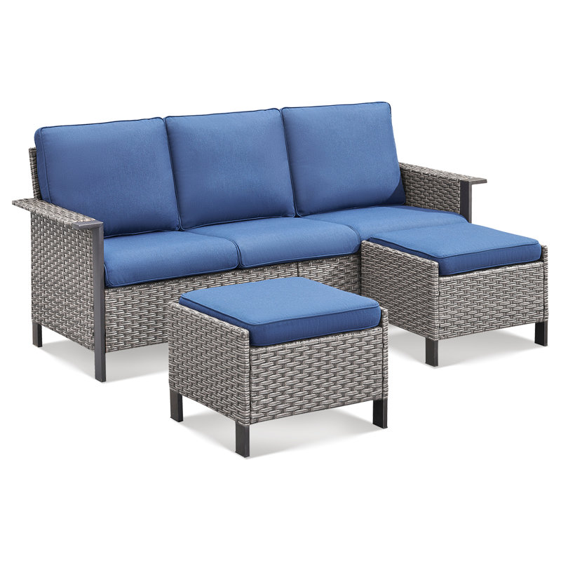 Coady All-Weather Rattan Outdoor Courtyard Wide Armrest Sofa With Ottomans, Gray, Blue